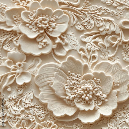 Floral lace - inspired 3D motifs with intricate detailing in soft champagne tones . Seamless abstract 3d pattern background