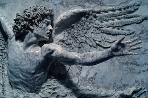 Fragment of marble statue of Daedalus and Icarus. Ancient mythology.