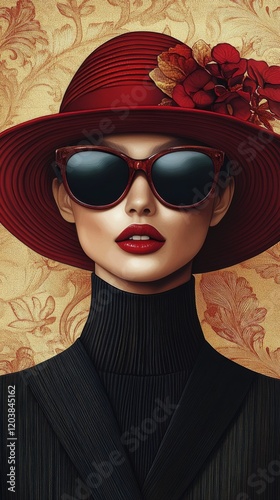 Confident woman in a red hat and oversized sunglasses poses against a colorfu...