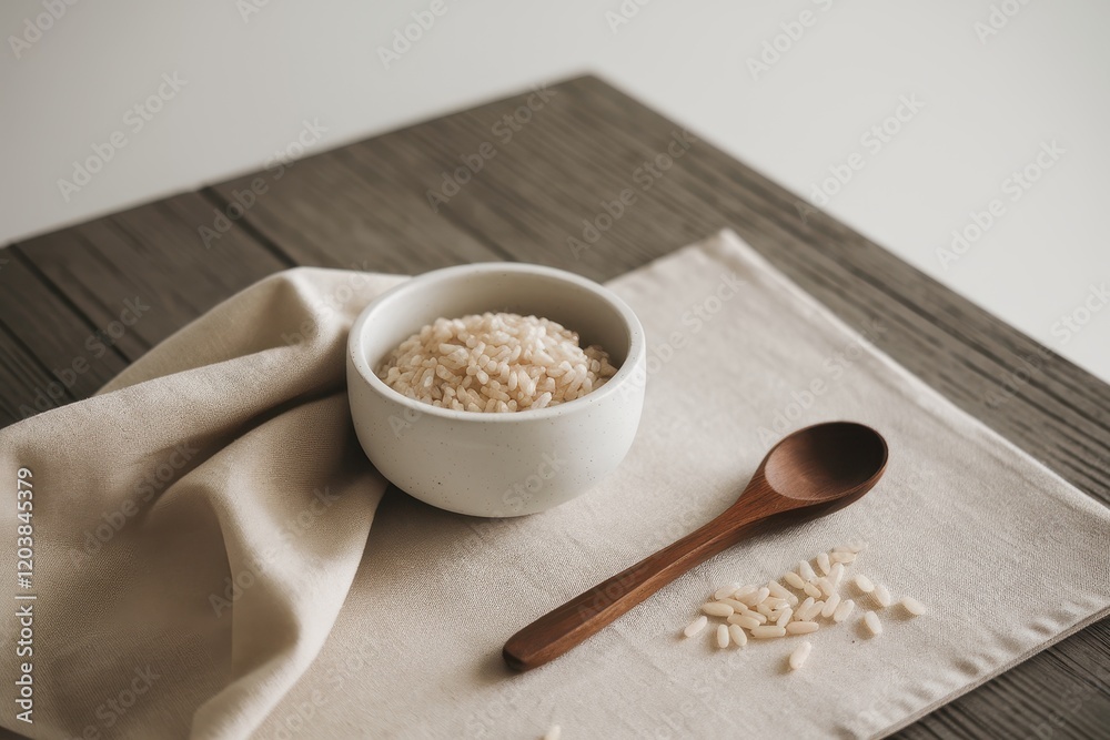 A bowl of rice sits on a beige cloth with a wooden spoon A bowl of rice sits on a beige cloth with a wooden spoon