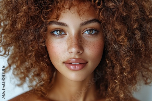 Young woman with curly hair and striking blue eyes poses against a soft backg...