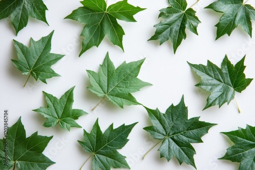 Fresh green maple leaves arranged on a light background, highlighting their s...