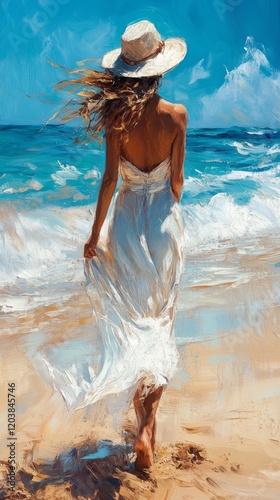 Woman in white dress walks along the beach under a bright blue sky with ocean...
