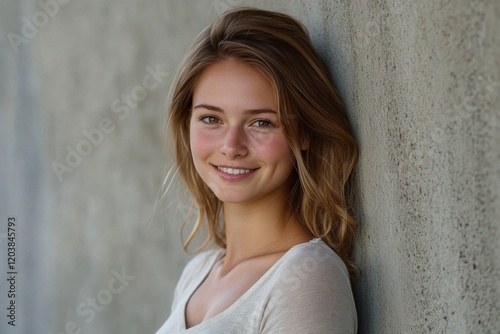 Beautiful young woman smiling while leaning against a wall in a serene outdoo...
