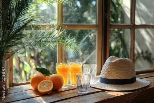 Bright morning light illuminating a rustic table with drinks and fruit