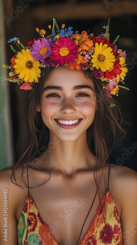 Smiling woman with flower crown in colorful dress during sunny day at outdoor...