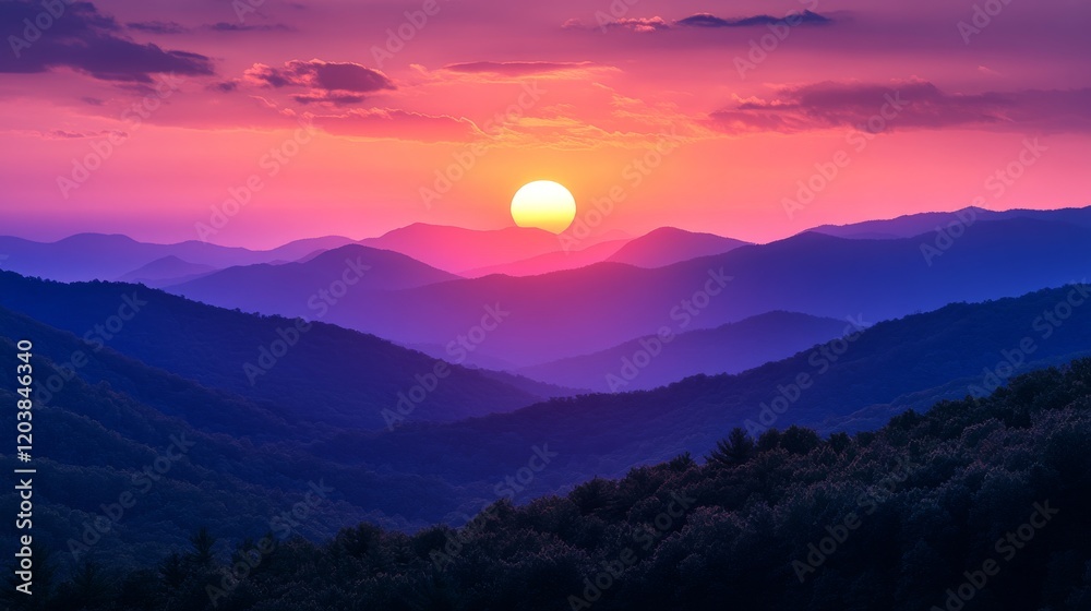 Fototapeta premium A Vibrant Sunset Over Misty Mountain Ranges with Layered Hues of Purple and Orange Creating a Serene and Majestic Landscape