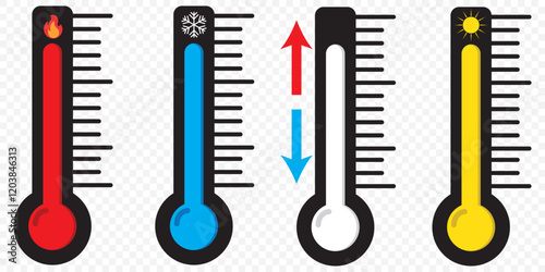 Icon of a thermometer, symbolizing temperature, weather, or climate. Thermometer with sun and snowflake icon. Digital contactless thermometer black icon on a transparent background. eps 10.