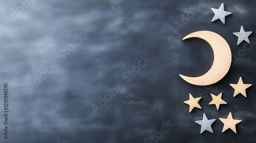 Handmade wooden moon and textured stars displayed on a blackboard surface with a dreamy effect. Ideal for islamic themes, cosmic concepts, or decorative visuals. Selective focus photo