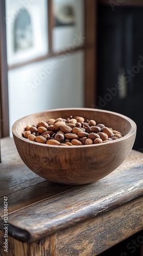 Variety of nuts arranged in a wooden bowl on a rustic table