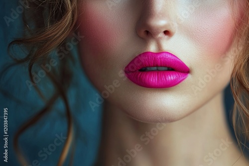 Vibrant close-up of glossy lips illuminated by pink and blue lights in a dark...