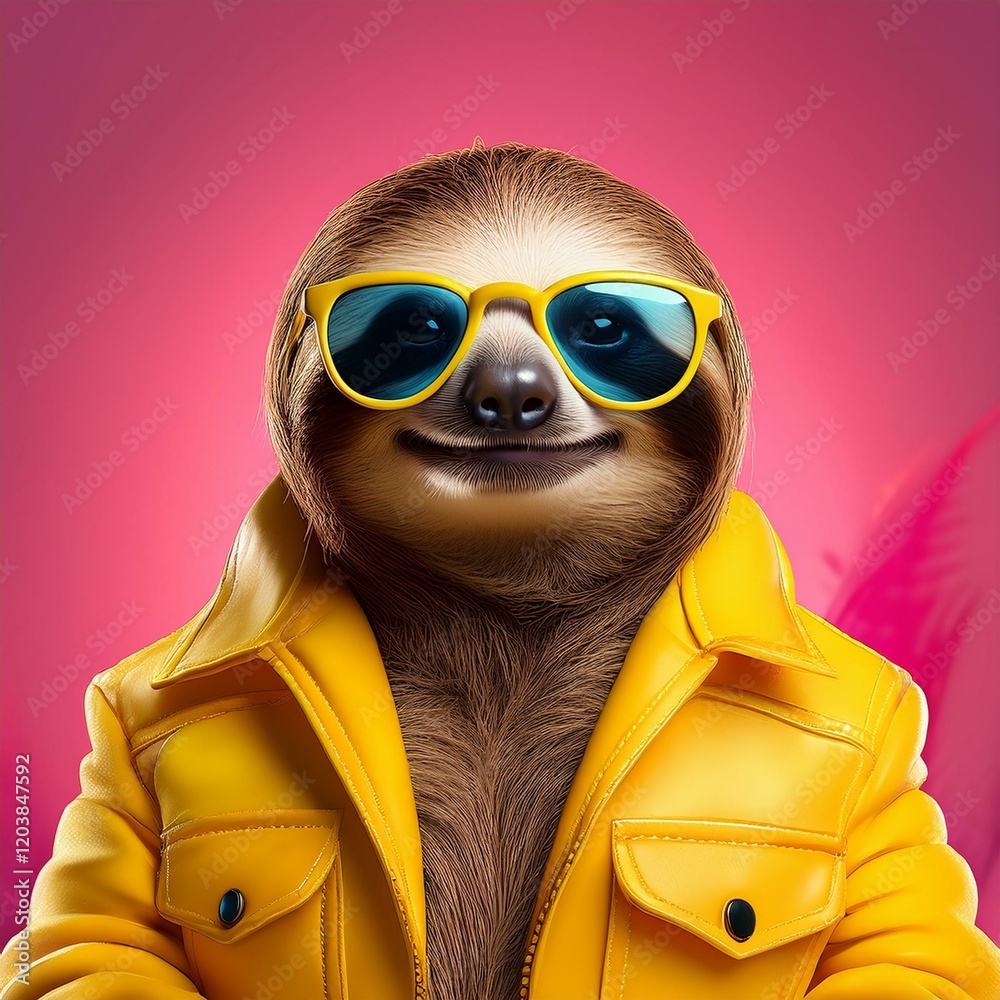 Fototapeta premium A quirky illustration of a sloth looking cool, sporting sunglasses and a yellow jacket, set against a pink background.