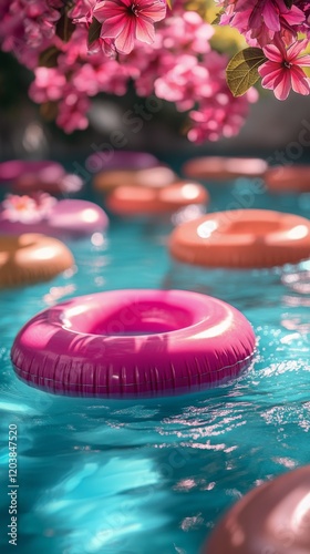 Brightly colored pool floats surrounded by vibrant flowers during a sunny day...