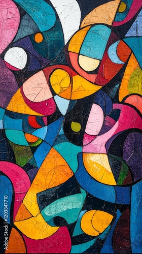Abstract colorful artwork featuring dynamic shapes and vibrant hues in a mode...