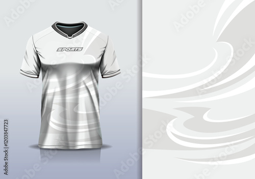T-shirt mockup abstract curve line sport jersey design for football, soccer, racing, esports, running, in white gray color