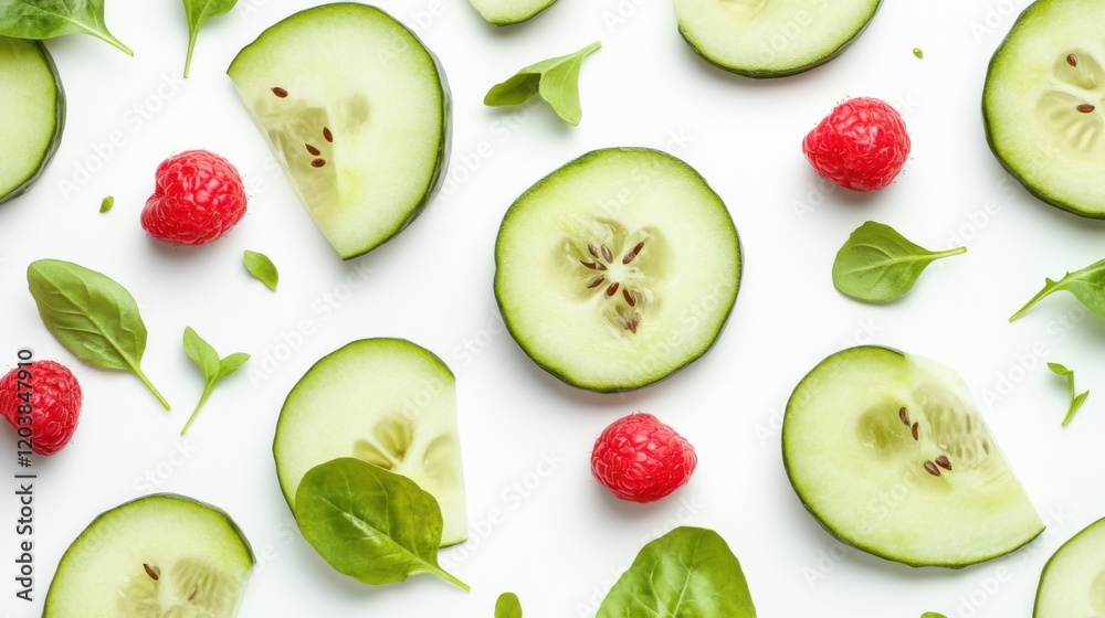 Fresh cucumber slices and raspberries arranged on a white background with spinach leaves Fresh cucumber slices and raspberries arranged on a white background with spinach leaves