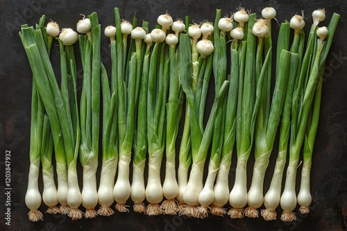 Fresh green onions stacked neatly on a dark stone surface ready for cooking