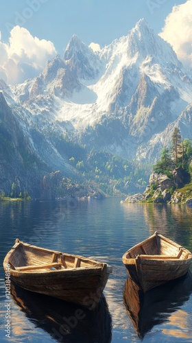 Scenic lake with wooden boats under majestic mountains in bright sunlight