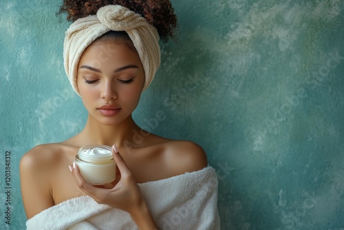Young woman with glowing skin applying cream while relaxing at home