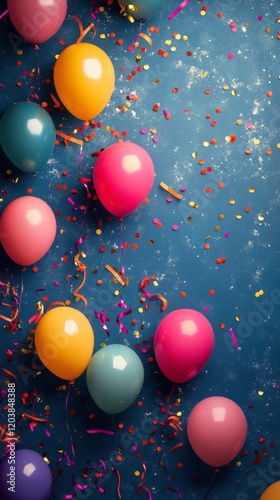 Festive balloons and colorful confetti on a blue background create a joyful c...