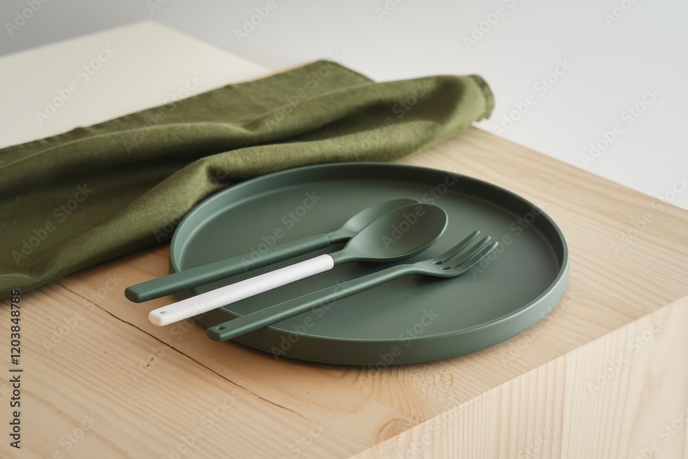 Green Plate with Spoons and Fork on Wooden Table Green Plate with Spoons and Fork on Wooden Table