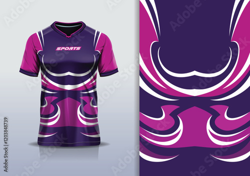 T-shirt mockup abstract curve line sport jersey design for football, soccer, racing, esports, running, in purple white color