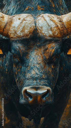 Unique close-up of a textured ram's face with prominent horns displaying rema...