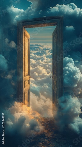 Open door surrounded by clouds revealing a bright sky in a surreal atmosphere