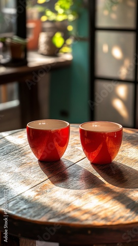 Red mugs on a wooden table reflecting soft sunlight in a cozy setting
