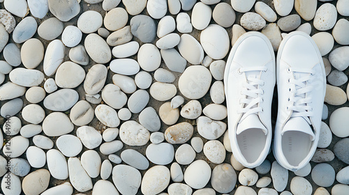 Minimalist sneakers on bed of smooth pebbles, showcasing clean design and modern style