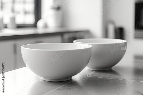 White bowls placed on a marble countertop in a modern kitchen during daylight...