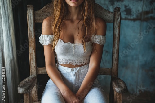 Portrait of a woman in a white top and jeans sitting on a rustic chair in sof...
