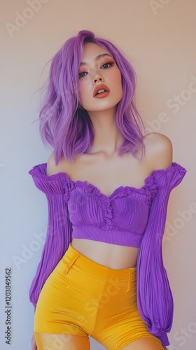 Fashion model displays a vibrant purple and yellow outfit with chic accessori...
