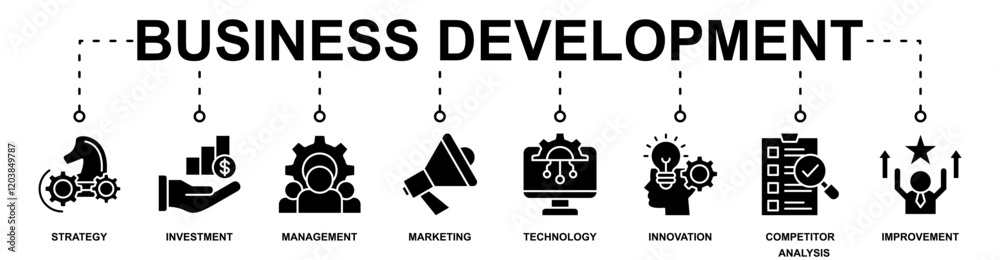 Business Development banner web icon vector illustration concept with icon of strategy, investment, management, marketing, technology, innovation, competitor analysis, improvement Business Development banner web icon vector illustration concept with icon of strategy, investment, management, marketing, technology, innovation, competitor analysis, improvement