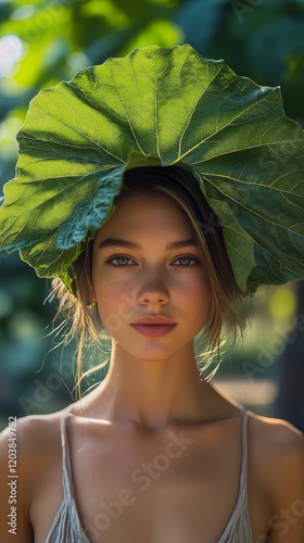 Woman wearing large leaf hat in lush greenery during daytime in natural setting