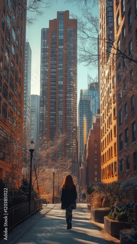 Tall skyscrapers surround a woman walking confidently in an urban setting on ...