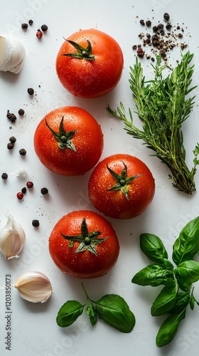 Fresh tomatoes arranged with herbs and spices ready for cooking in a minimali...