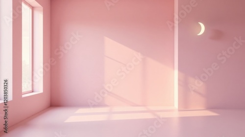 Pastel Pink Room Interior Design with Sunlight and Crescent Moon Wall Decor