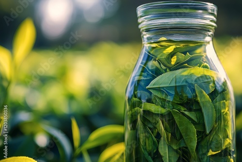Fresh green tea leaves in a glass jar amidst lush tea plantation during daylight