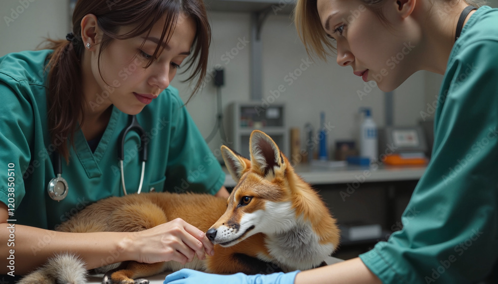 Veterinarians caring for a fox in a clinic with a focus on wildlife conservation Veterinarians caring for a fox in a clinic with a focus on wildlife conservation