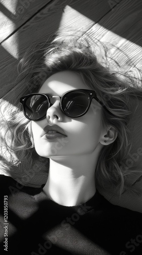 Woman relaxing on a blue rug while wearing sunglasses and a floral dress duri...