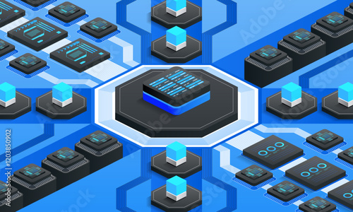 Futuristic Digital Network. Interconnected microchips and data nodes in a cutting-edge network, highlighting advanced technology, AI, and data processing for modern digital systems.