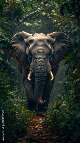 Majestic elephant wandering through a lush green jungle during the early morn...