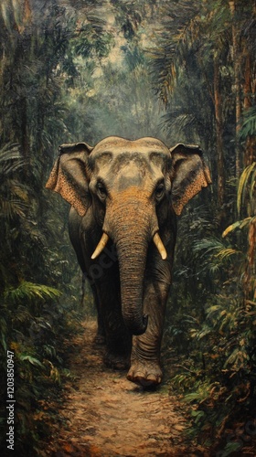 Majestic elephant wandering through a lush green jungle during the early morn...