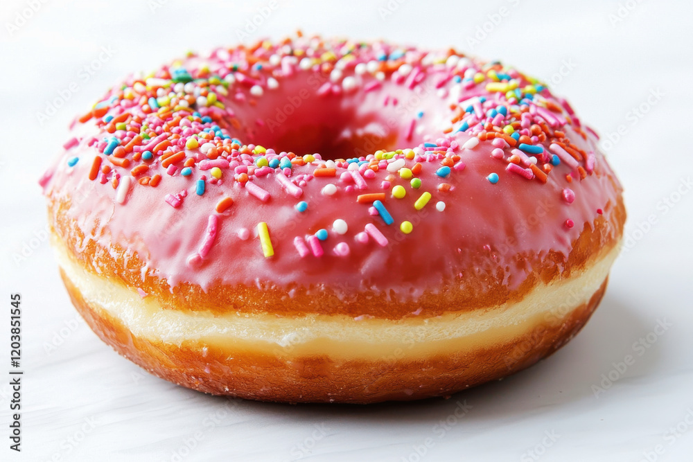 Close-up of a vibrant pink donut topped with colorful sprinkles resting on a light surface