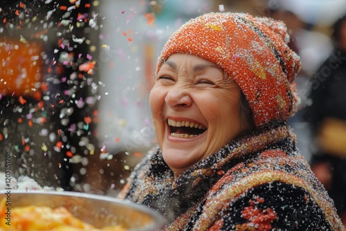 Joyful celebration with colorful confetti and a smiling woman on a sunny day ...