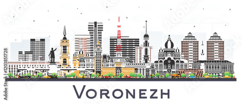 Voronezh Russia city skyline with color buildings isolated on white. Voronezh cityscape with landmarks. Business travel and tourism concept with modern and historic architecture.