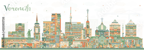 Voronezh Russia city skyline with color buildings. Voronezh cityscape with landmarks. Business travel and tourism concept with modern and historic architecture.