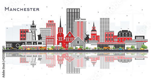 Manchester New Hampshire City Skyline with Gray Buildings and reflections Isolated on White. Business Travel and Tourism Concept with Historic and Modern Architecture. Manchester USA Cityscape.