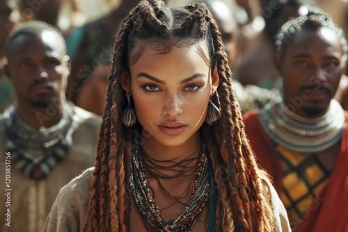 Portrait of a young woman with braided hair in a crowd during a lively gather...